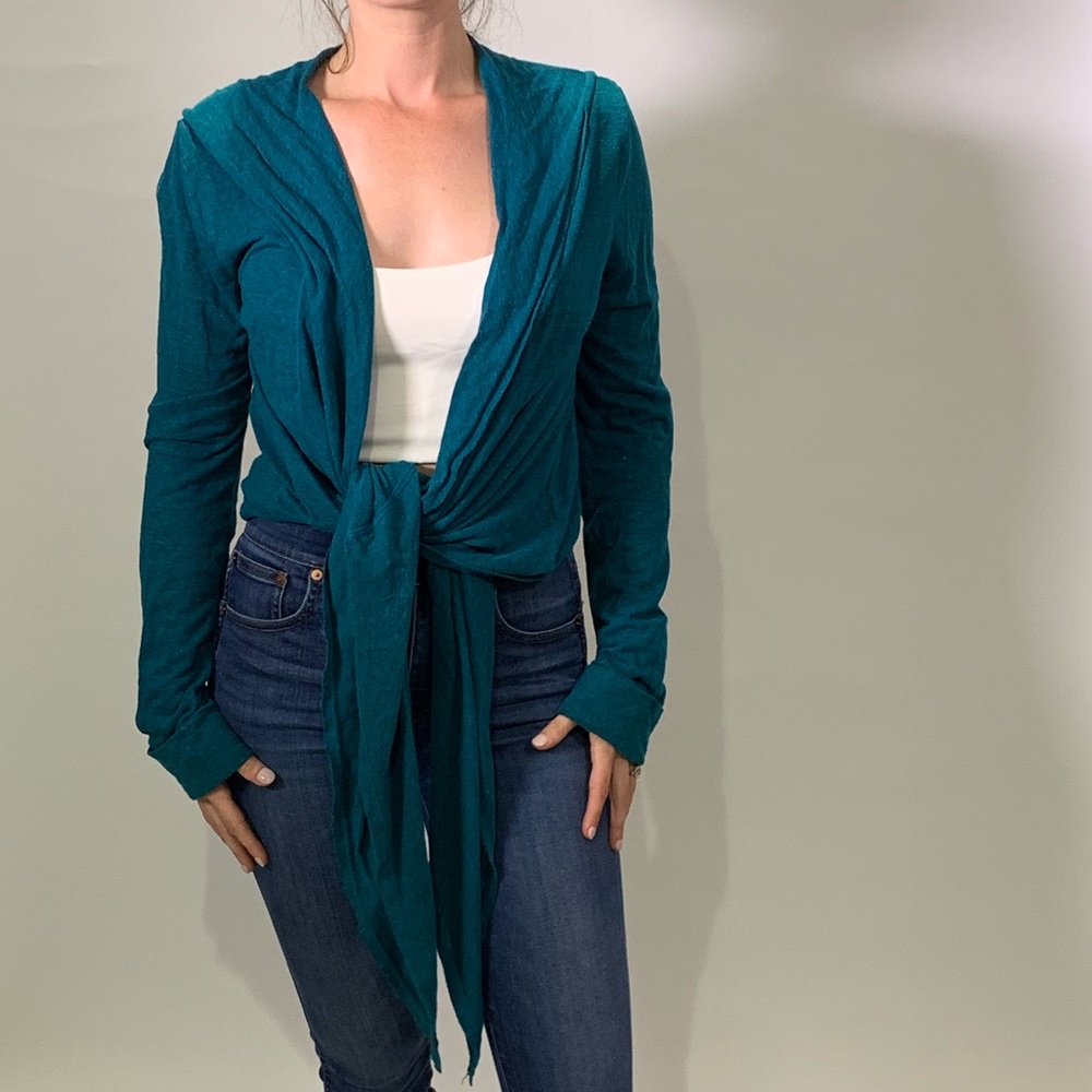 Teal jersey wrap sweater sweatshirt hooded medium
